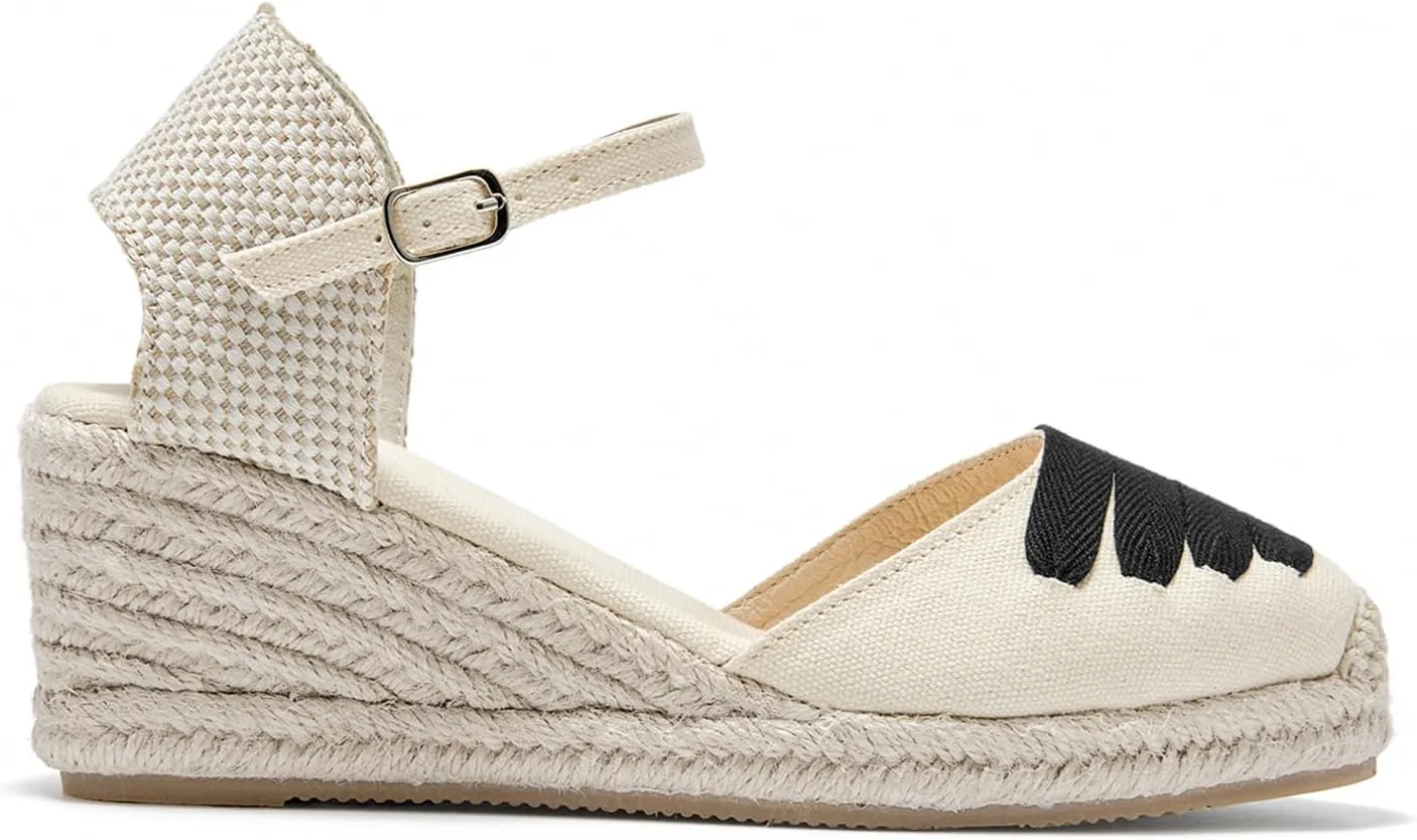 U-lite Womens Espadrille Wedge Sandals Closed Toe Ankle Strap Summer Dress Shoes
