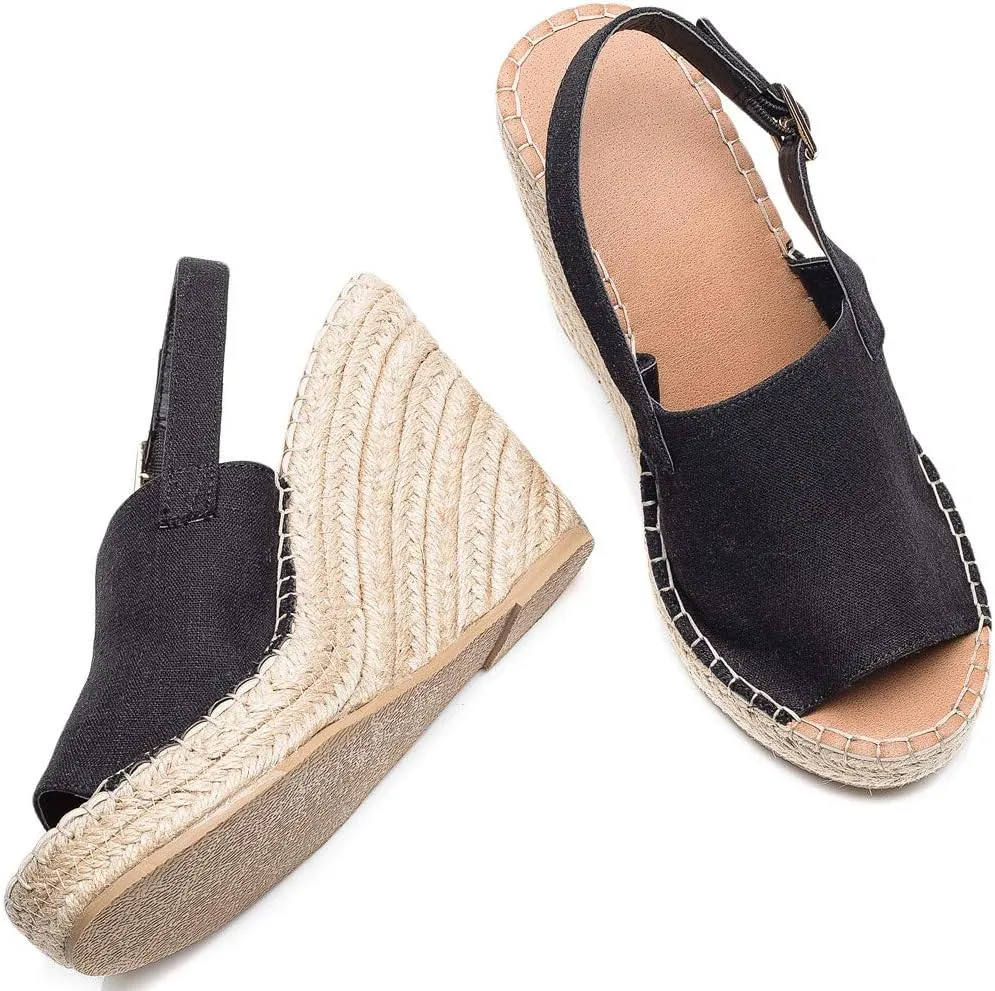 U-lite Women's Ladies Fashion Casual Peep Toe Espadrille Wedges Sandals Ankle Buckle High Platform Roman Shoes