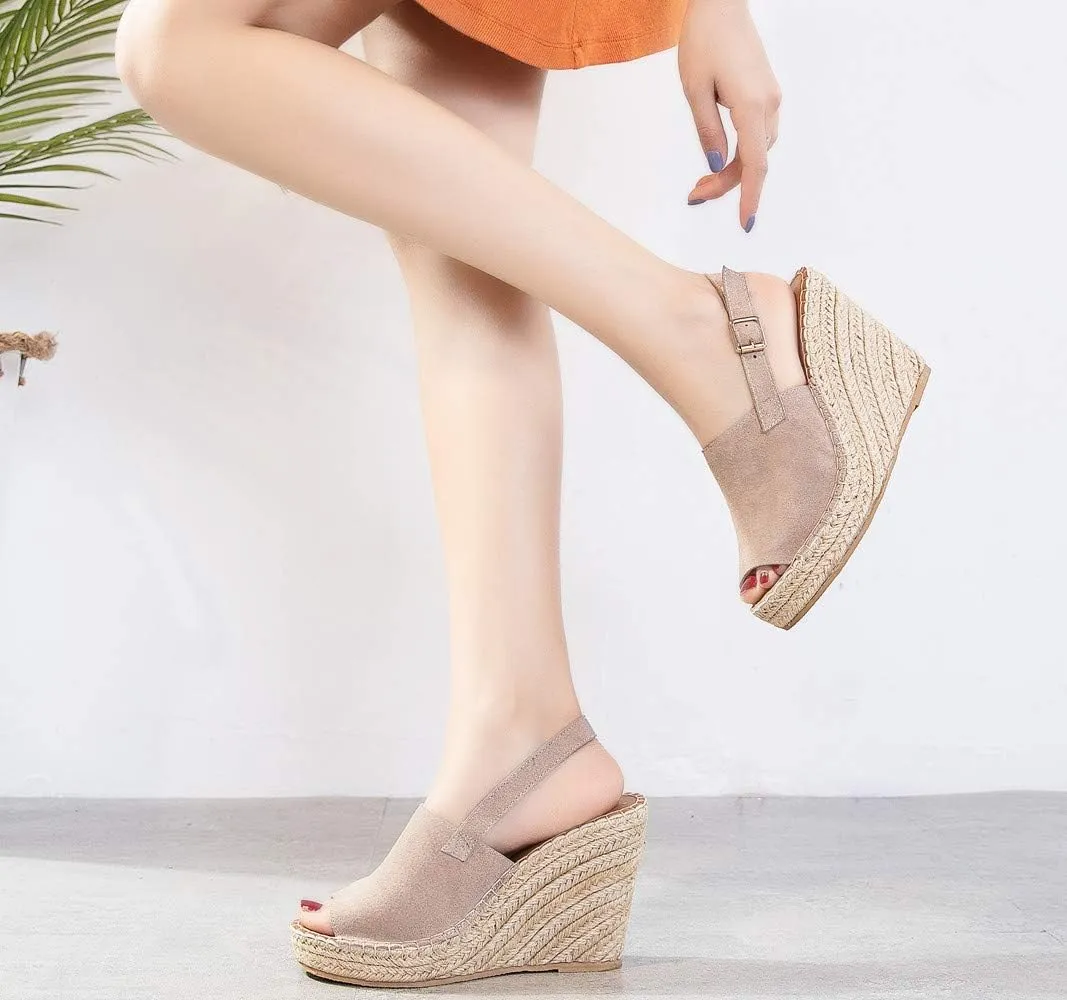 U-lite Women's Ladies Fashion Casual Peep Toe Espadrille Wedges Sandals Ankle Buckle High Platform Roman Shoes