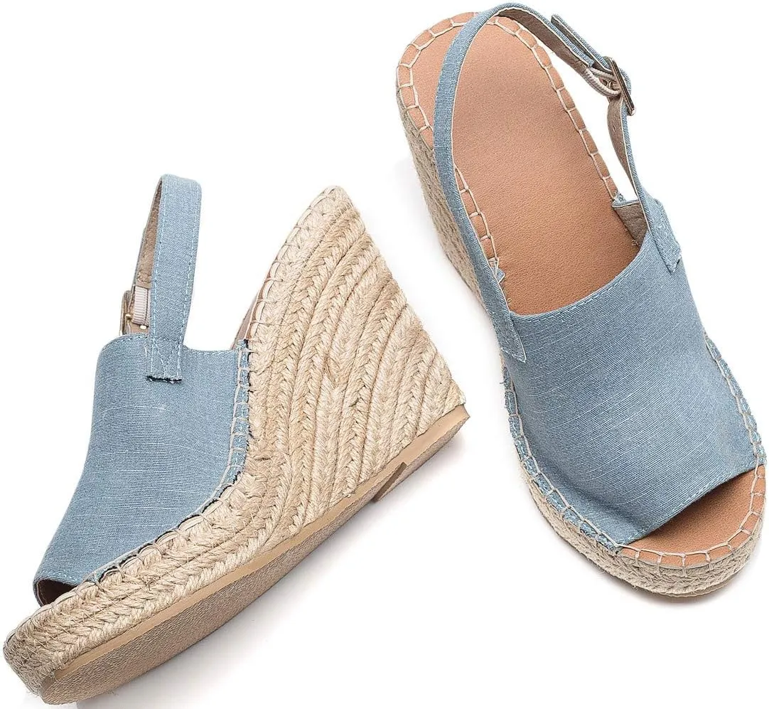 U-lite Women's Ladies Fashion Casual Peep Toe Espadrille Wedges Sandals Ankle Buckle High Platform Roman Shoes