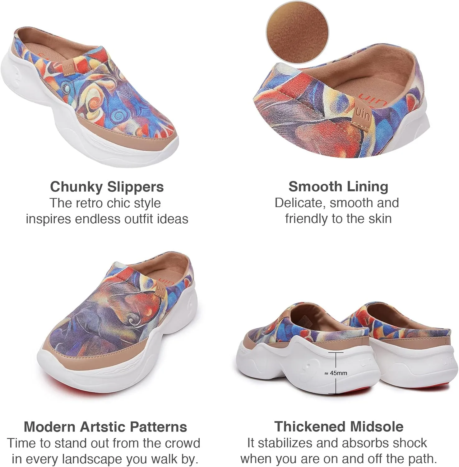 UIN Women's Mules Fashion Comfort Travel Art Painted Chunky Shoes Wide Toe Casual Household Slippers Slip On Loafers