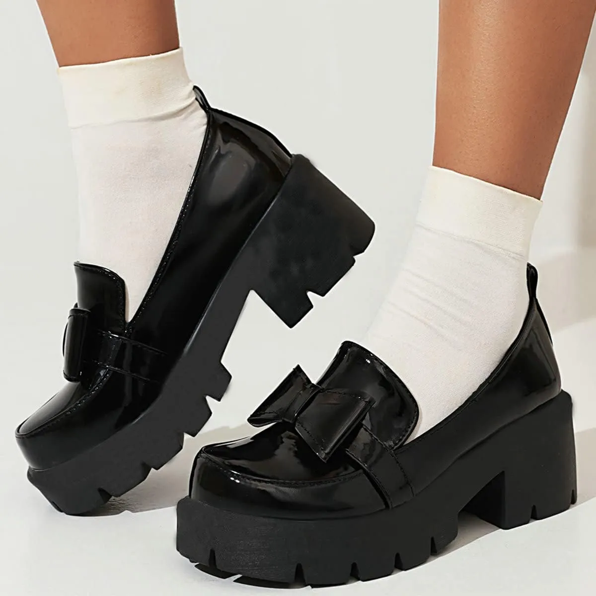 Uniquelly Womens Chunky Heel Penny Loafers Platform Pumps Bowknot Round Toe Slip On Kawaii Cute Uniform Dress Shoes