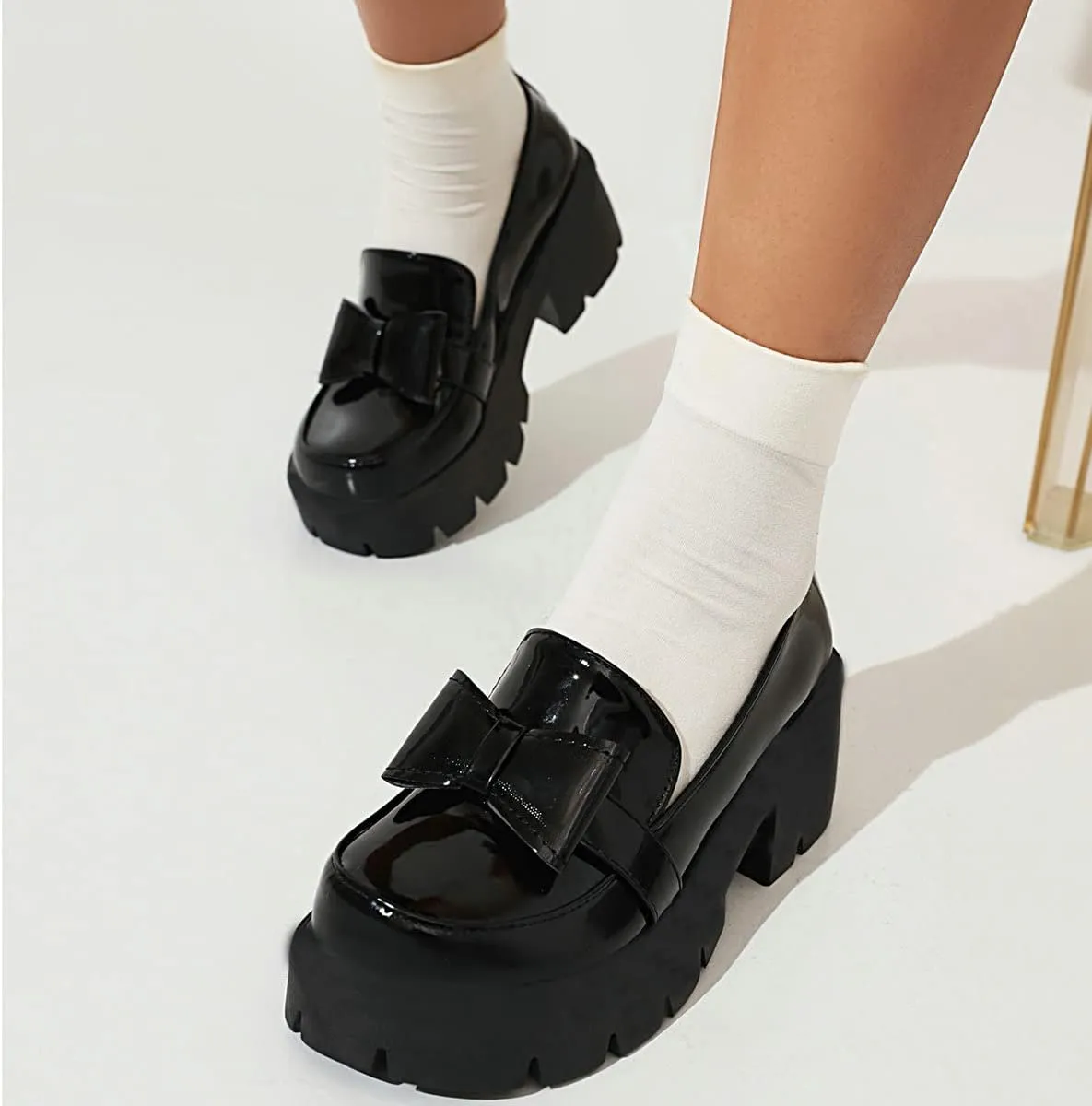 Uniquelly Womens Chunky Heel Penny Loafers Platform Pumps Bowknot Round Toe Slip On Kawaii Cute Uniform Dress Shoes