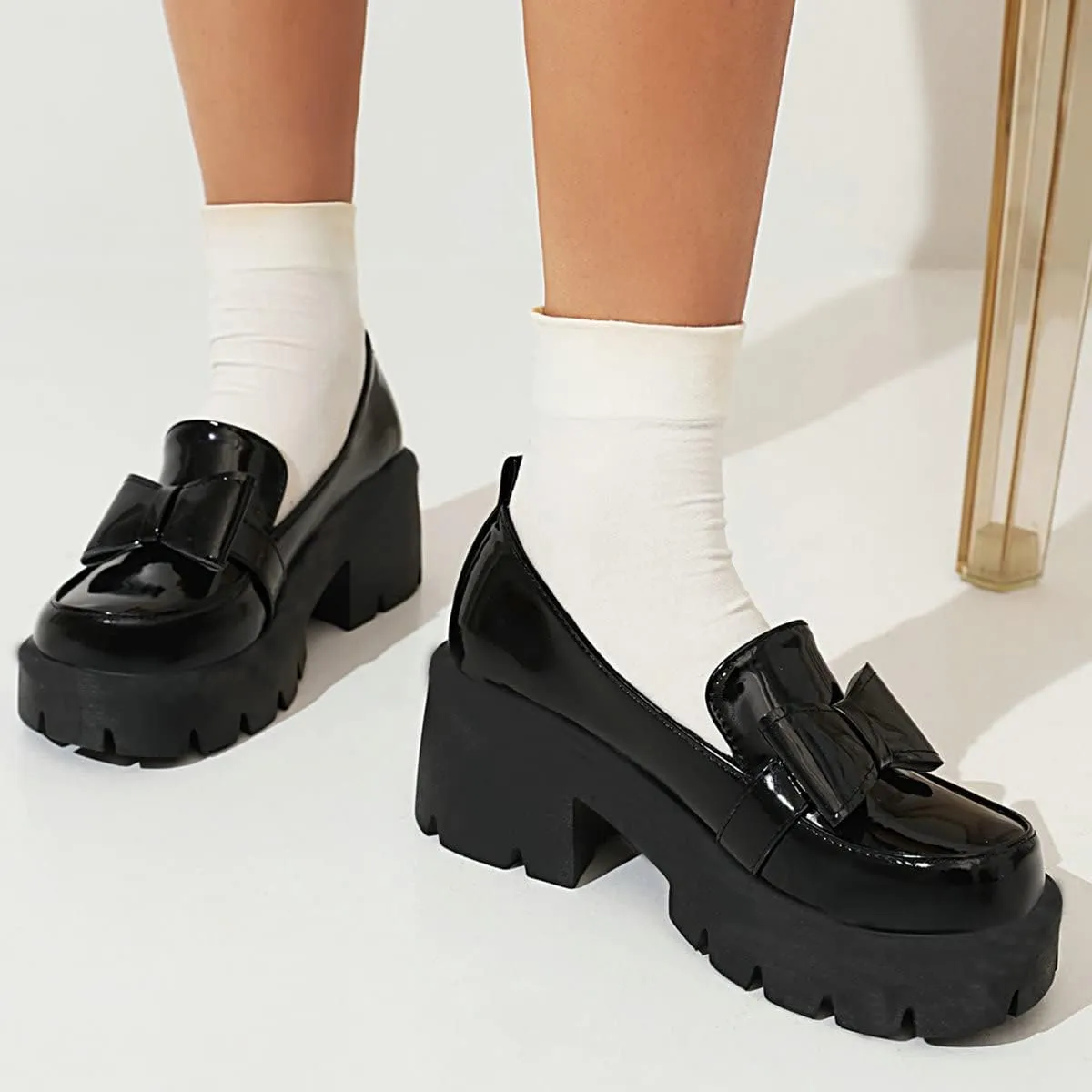 Uniquelly Womens Chunky Heel Penny Loafers Platform Pumps Bowknot Round Toe Slip On Kawaii Cute Uniform Dress Shoes