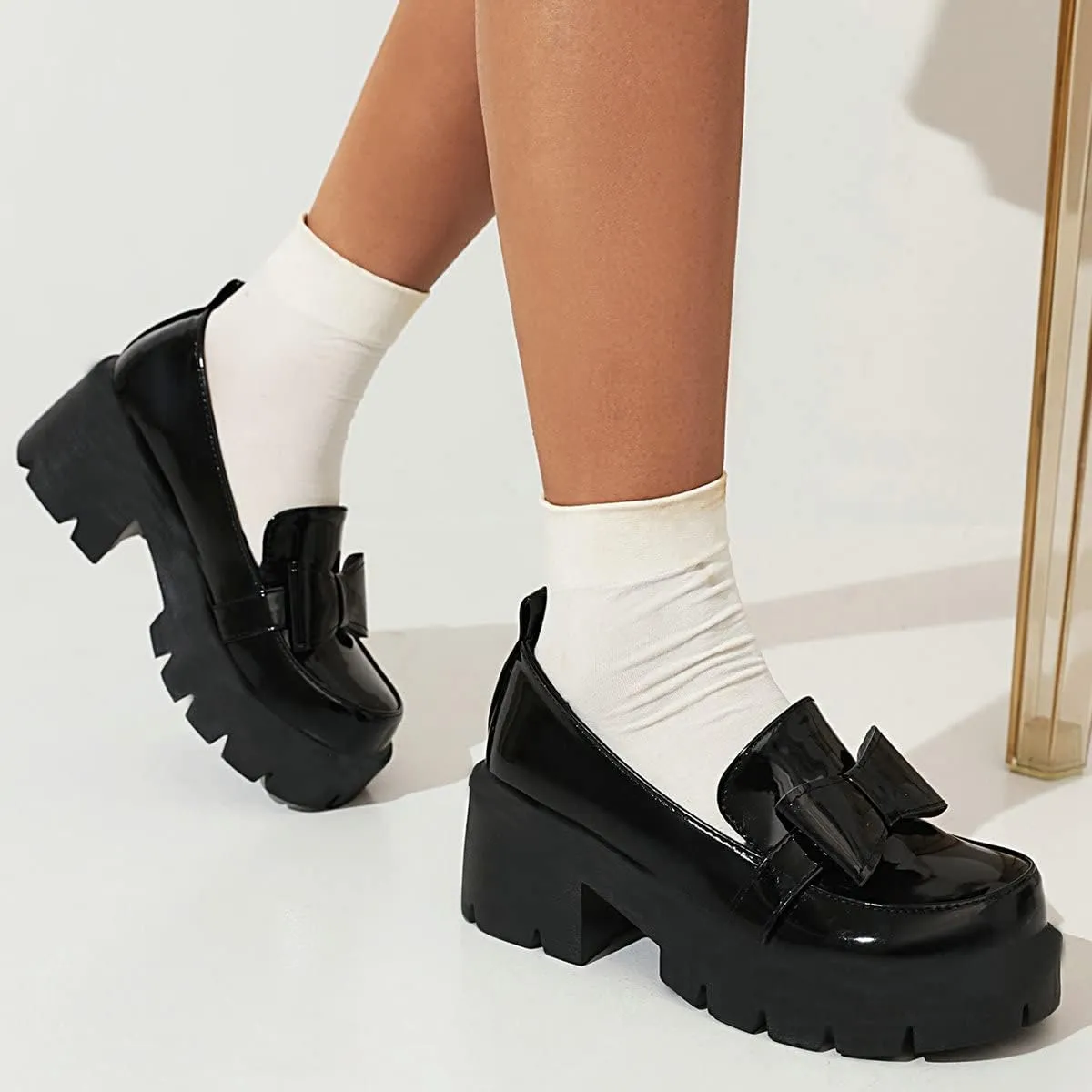 Uniquelly Womens Chunky Heel Penny Loafers Platform Pumps Bowknot Round Toe Slip On Kawaii Cute Uniform Dress Shoes