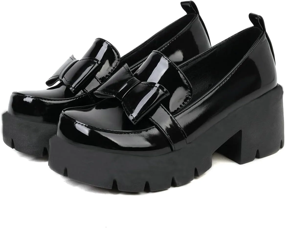 Uniquelly Womens Chunky Heel Penny Loafers Platform Pumps Bowknot Round Toe Slip On Kawaii Cute Uniform Dress Shoes