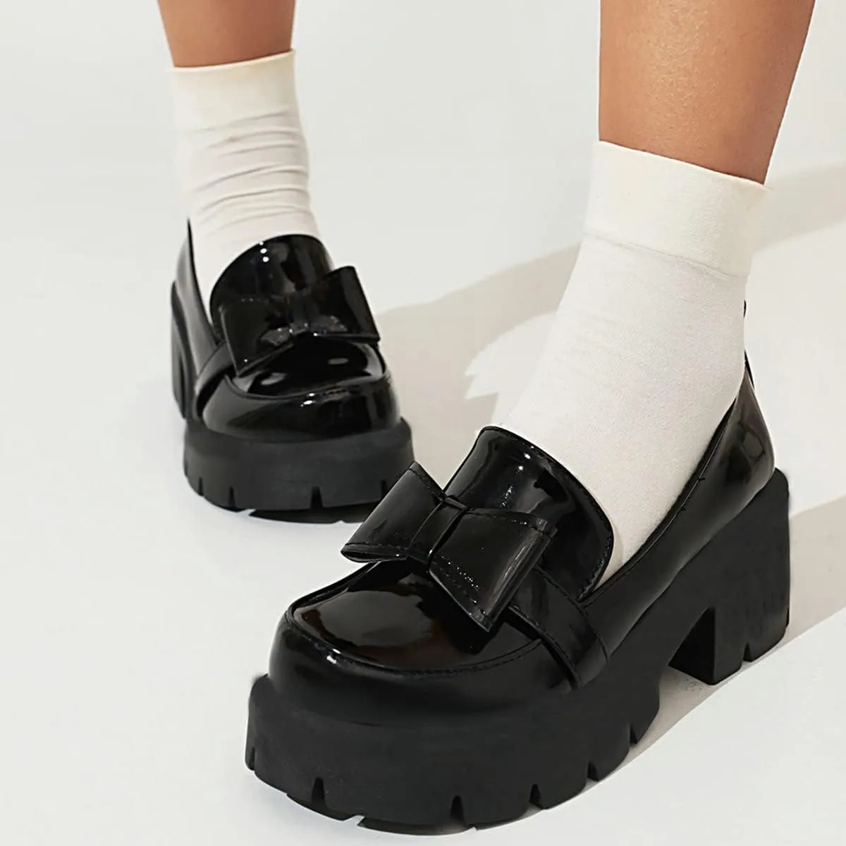 Uniquelly Womens Chunky Heel Penny Loafers Platform Pumps Bowknot Round Toe Slip On Kawaii Cute Uniform Dress Shoes