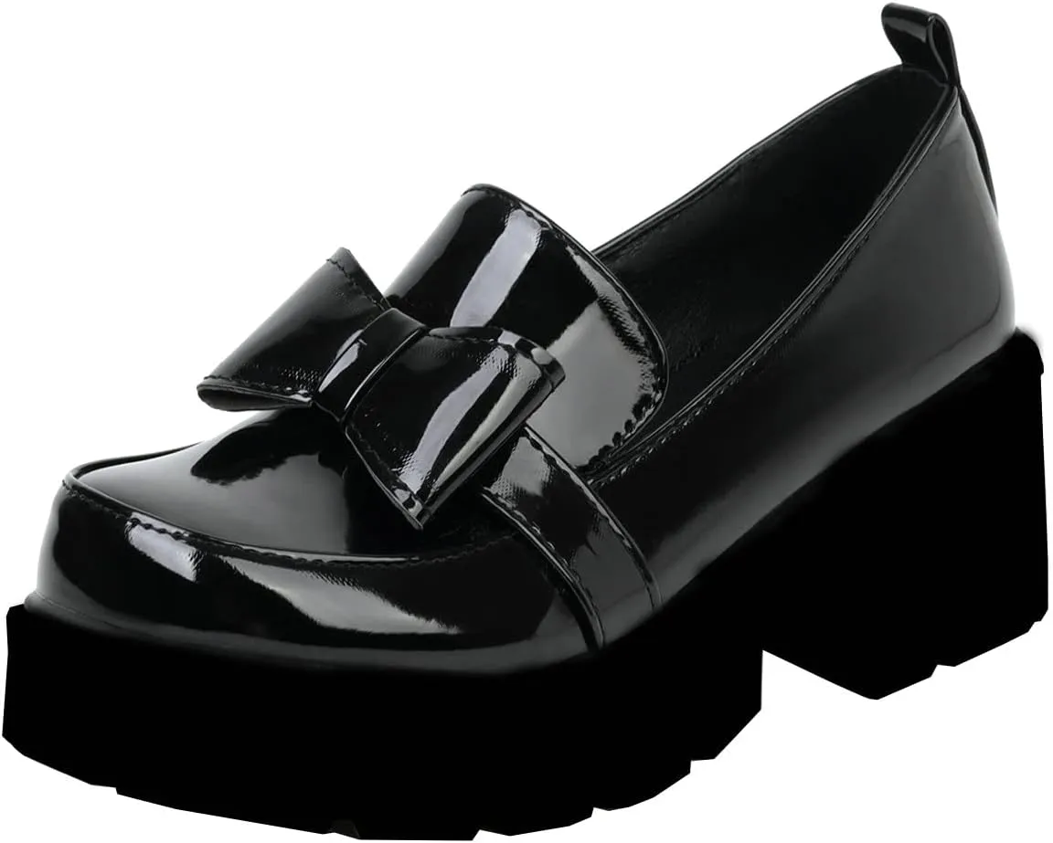 Uniquelly Womens Chunky Heel Penny Loafers Platform Pumps Bowknot Round Toe Slip On Kawaii Cute Uniform Dress Shoes