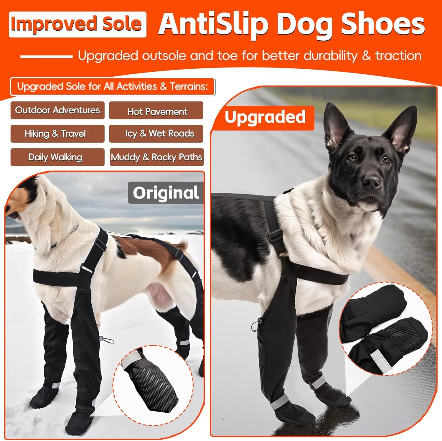 Upgraded Dog Boots with Suspenders, Waterproof Large Dog Rain Boots Rubber Sole Snow Pants, Paw Protectors Legging Shoes, Anti-Slip Reflective Snow Boot for Walk Hike Outdoor Rainy Snowy(Black ,S)