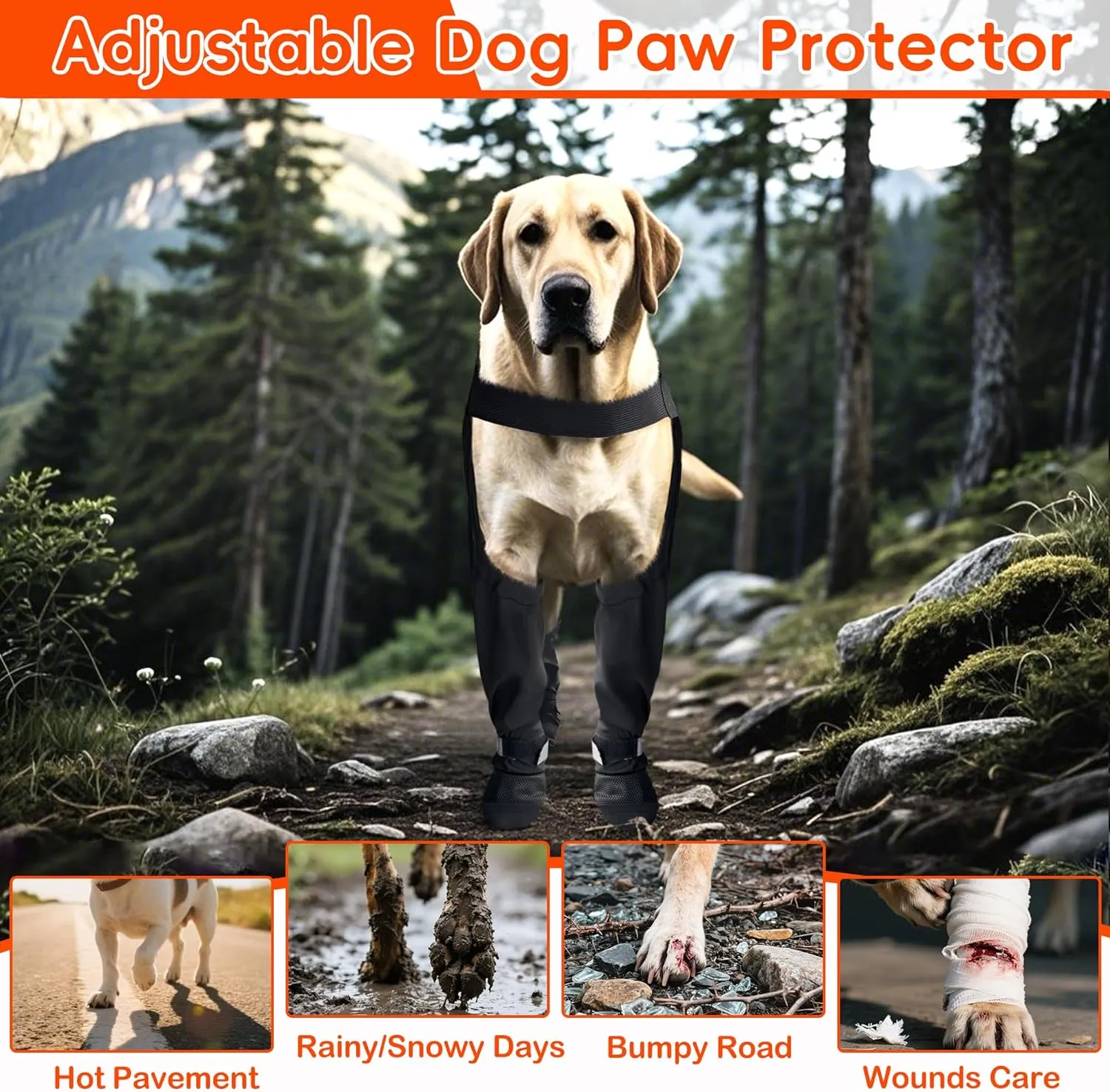 Upgraded Dog Boots with Suspenders, Waterproof Large Dog Rain Boots Rubber Sole Snow Pants, Paw Protectors Legging Shoes, Anti-Slip Reflective Snow Boot for Walk Hike Outdoor Rainy Snowy(Black ,S)