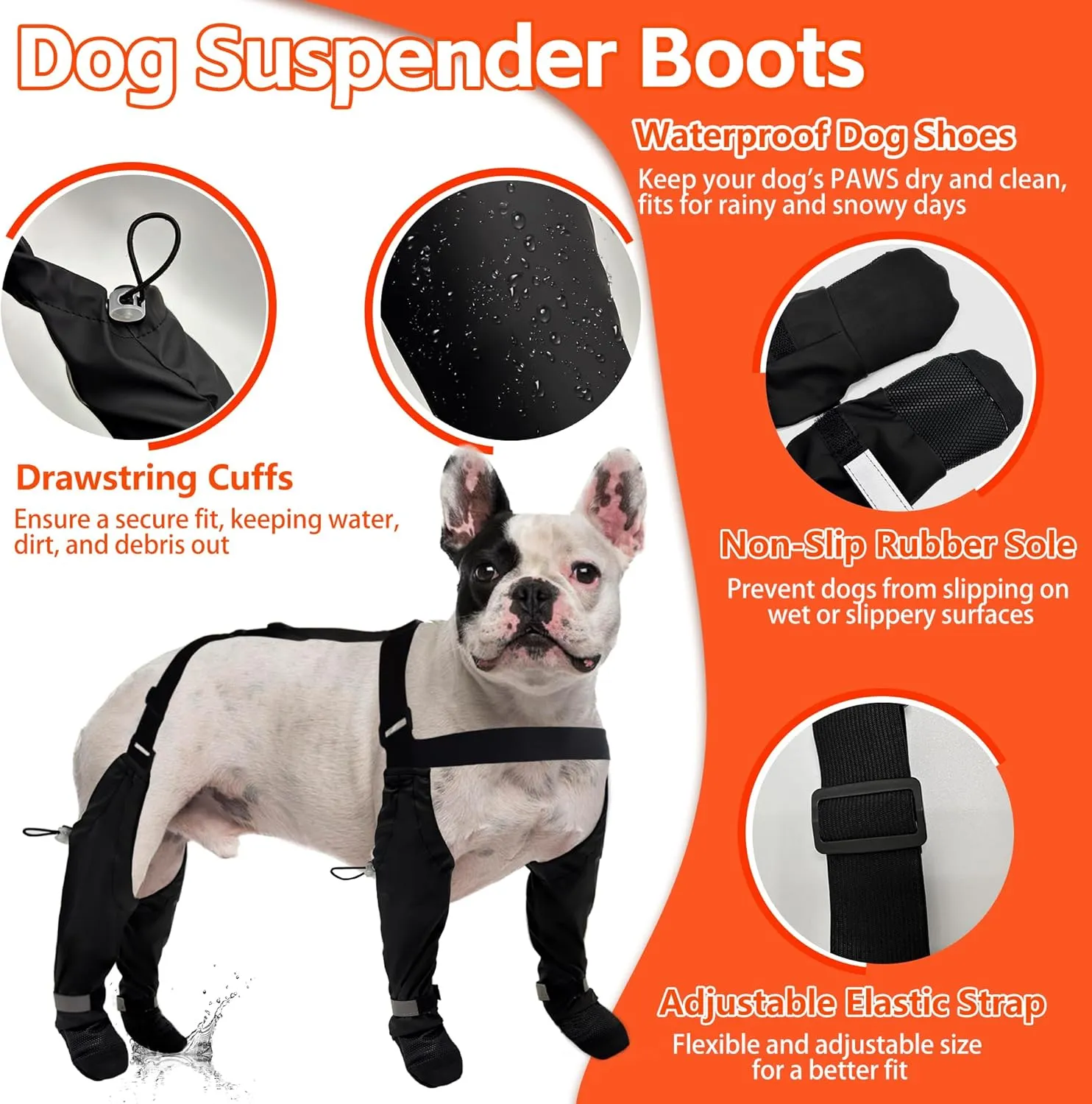 Upgraded Dog Boots with Suspenders, Waterproof Large Dog Rain Boots Rubber Sole Snow Pants, Paw Protectors Legging Shoes, Anti-Slip Reflective Snow Boot for Walk Hike Outdoor Rainy Snowy(Black ,S)