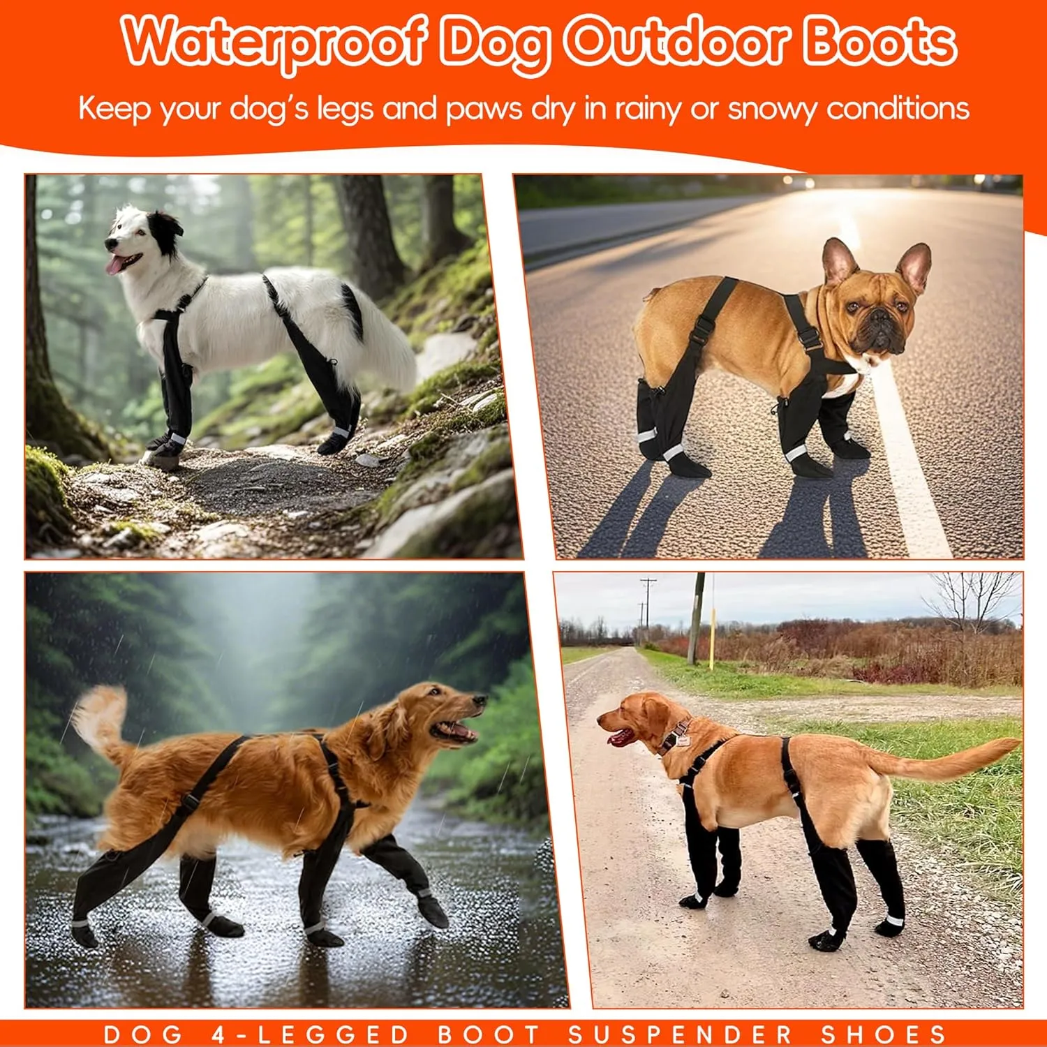Upgraded Dog Boots with Suspenders, Waterproof Large Dog Rain Boots Rubber Sole Snow Pants, Paw Protectors Legging Shoes, Anti-Slip Reflective Snow Boot for Walk Hike Outdoor Rainy Snowy(Black ,S)