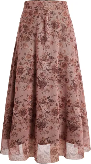Verdusa Women's Floral Print Y2k Mesh High Waist A Line Fishtail Flowy Long Skirt
