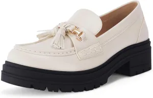 VETASTE Womens Lug Sole Platform Mid Chunky Heel Loafers Classic Round Toe Slip On Office Uniform Oxfords Shoes with Metal Chain