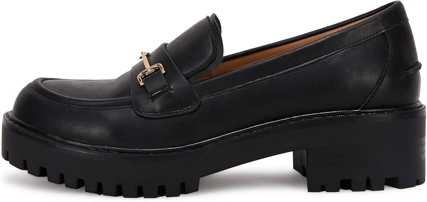 VETASTE Womens Lug Sole Platform Mid Chunky Heel Loafers Classic Round Toe Slip On Office Uniform Oxfords Shoes with Metal Chain