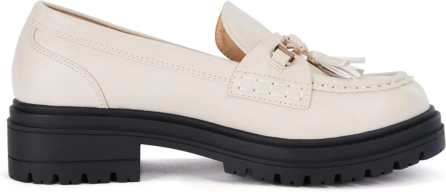 VETASTE Womens Lug Sole Platform Mid Chunky Heel Loafers Classic Round Toe Slip On Office Uniform Oxfords Shoes with Metal Chain