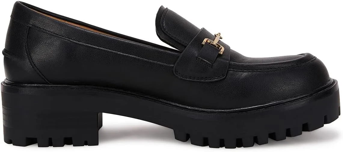 VETASTE Womens Lug Sole Platform Mid Chunky Heel Loafers Classic Round Toe Slip On Office Uniform Oxfords Shoes with Metal Chain