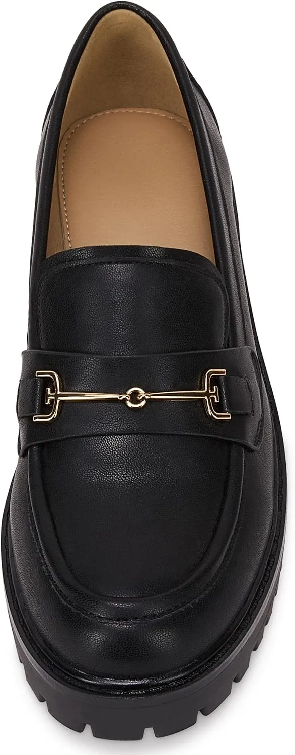 VETASTE Womens Lug Sole Platform Mid Chunky Heel Loafers Classic Round Toe Slip On Office Uniform Oxfords Shoes with Metal Chain