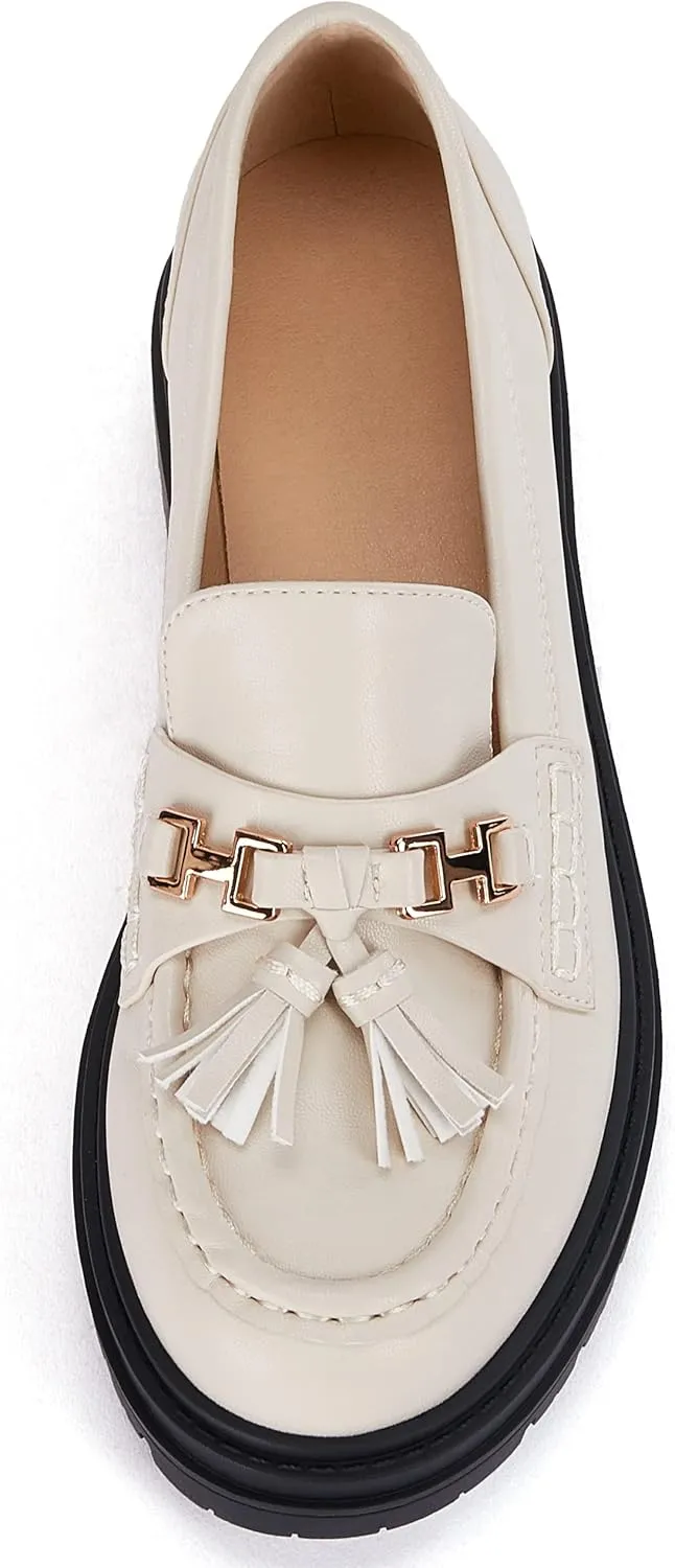 VETASTE Womens Lug Sole Platform Mid Chunky Heel Loafers Classic Round Toe Slip On Office Uniform Oxfords Shoes with Metal Chain