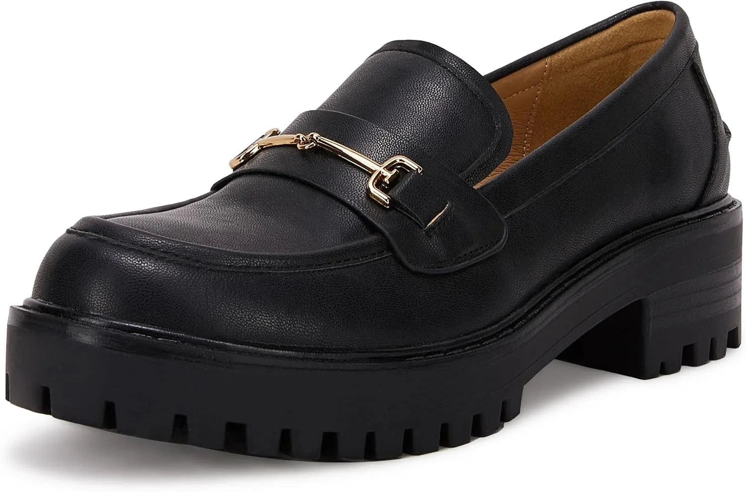 VETASTE Womens Lug Sole Platform Mid Chunky Heel Loafers Classic Round Toe Slip On Office Uniform Oxfords Shoes with Metal Chain