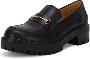 VETASTE Womens Lug Sole Platform Mid Chunky Heel Loafers Classic Round Toe Slip On Office Uniform Oxfords Shoes with Metal Chain