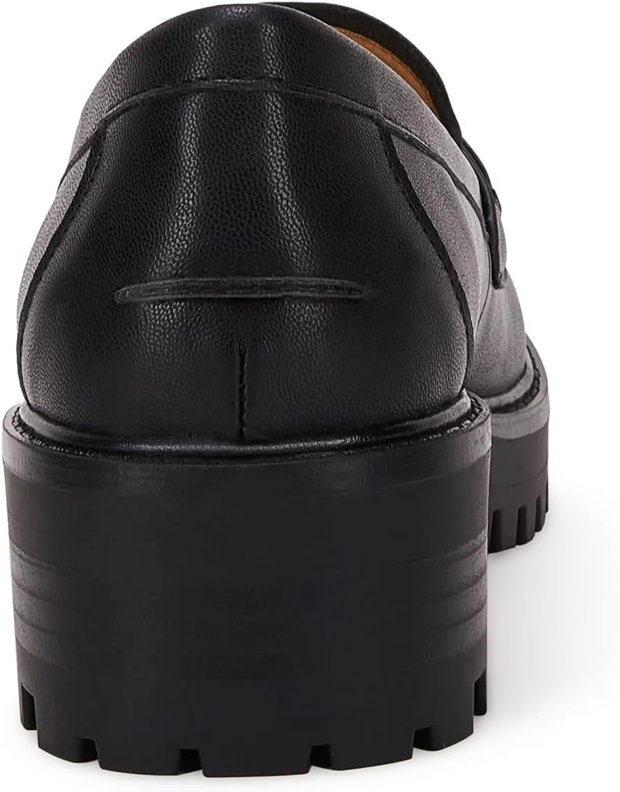 VETASTE Womens Lug Sole Platform Mid Chunky Heel Loafers Classic Round Toe Slip On Office Uniform Oxfords Shoes with Metal Chain