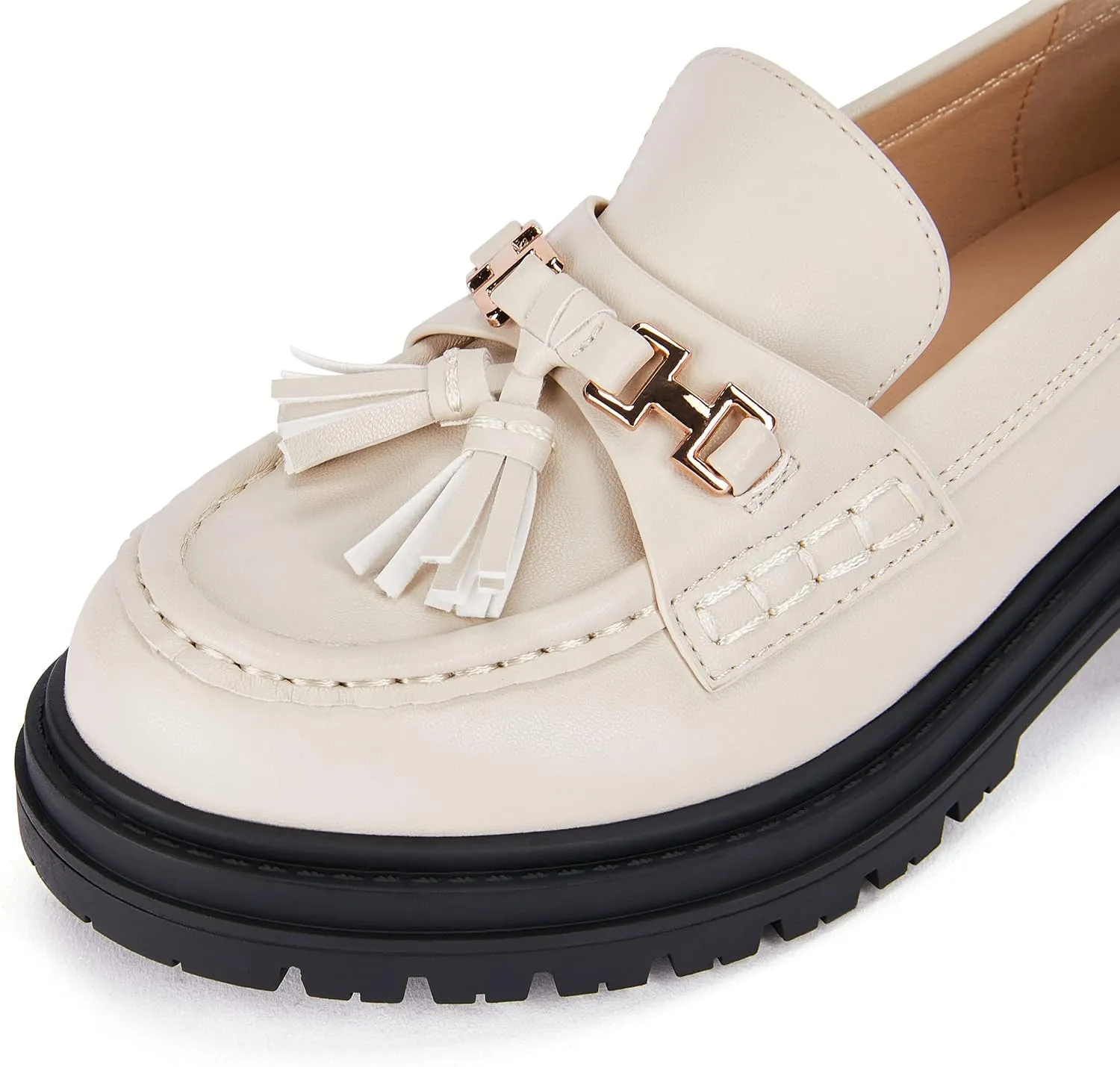 VETASTE Womens Lug Sole Platform Mid Chunky Heel Loafers Classic Round Toe Slip On Office Uniform Oxfords Shoes with Metal Chain