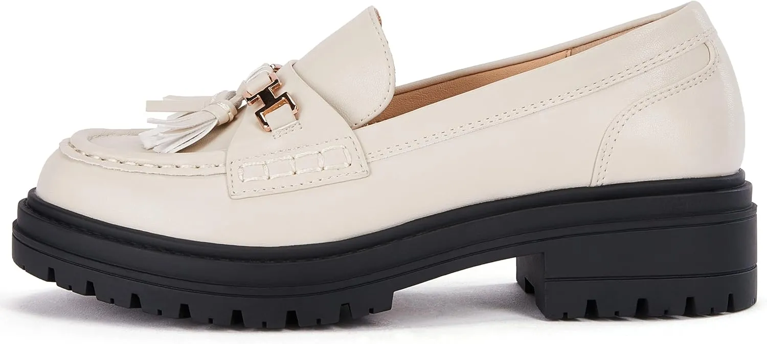 VETASTE Womens Lug Sole Platform Mid Chunky Heel Loafers Classic Round Toe Slip On Office Uniform Oxfords Shoes with Metal Chain