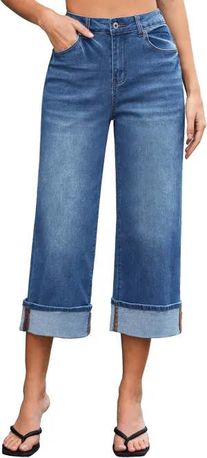 Vetinee Capris Jeans for Women Wide Leg High Waisted Trendy Fold Hem Summer Casual Stretchy Denim Jean Capri Pants