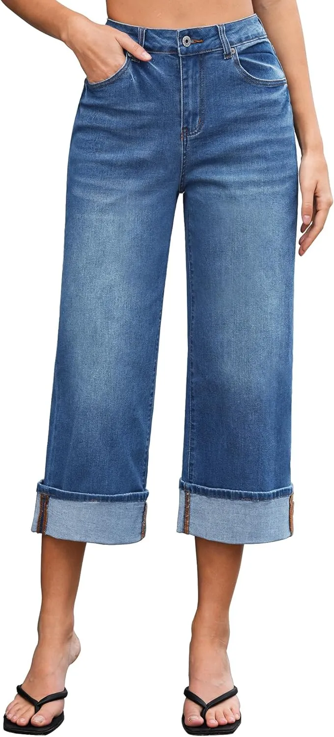 Vetinee Capris Jeans for Women Wide Leg High Waisted Trendy Fold Hem Summer Casual Stretchy Denim Jean Capri Pants