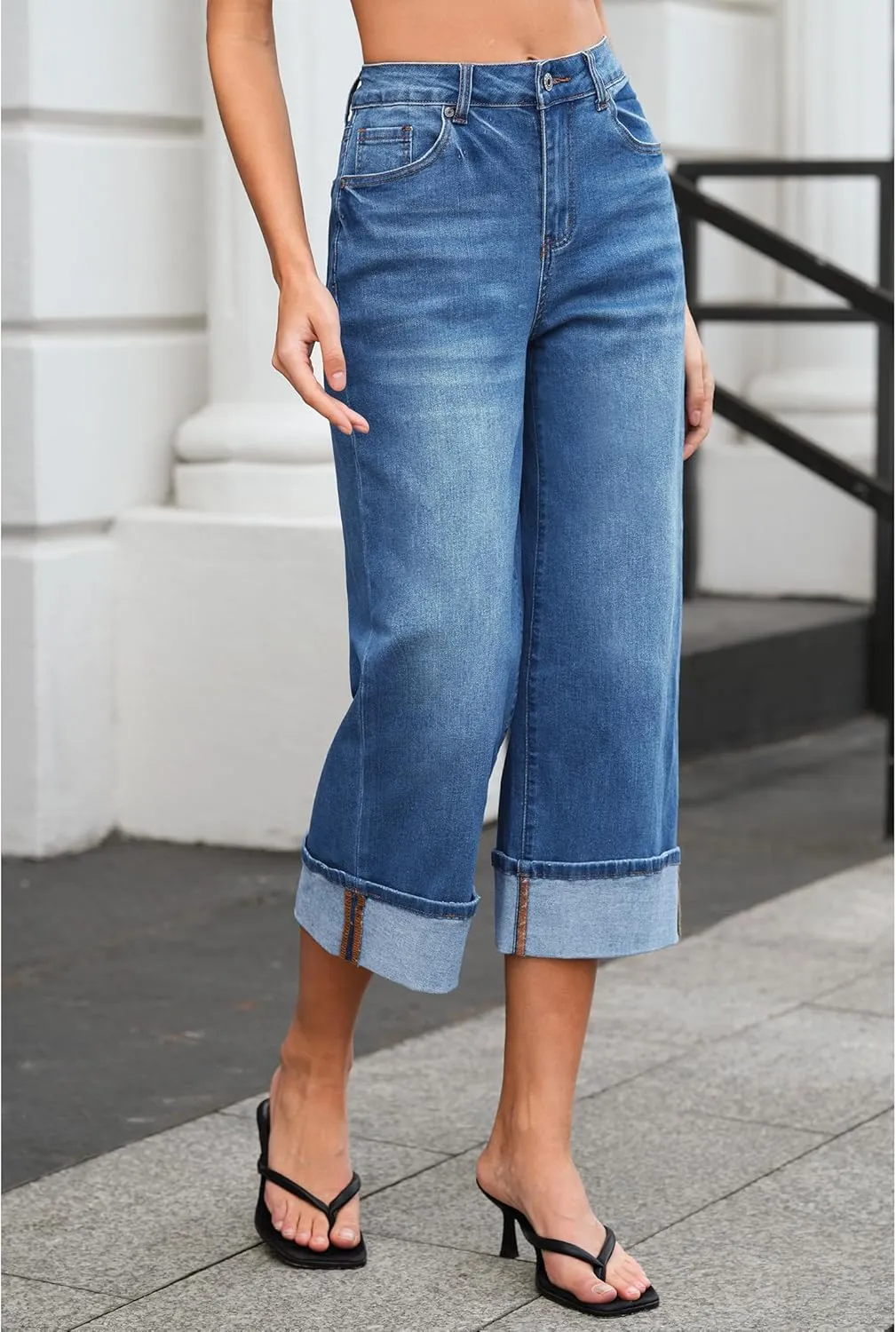 Vetinee Capris Jeans for Women Wide Leg High Waisted Trendy Fold Hem Summer Casual Stretchy Denim Jean Capri Pants