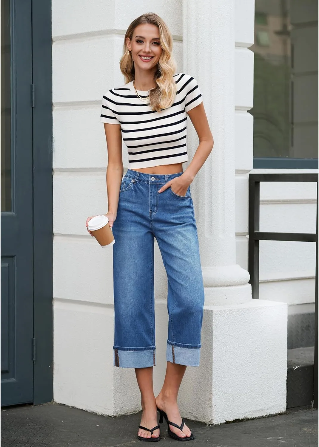 Vetinee Capris Jeans for Women Wide Leg High Waisted Trendy Fold Hem Summer Casual Stretchy Denim Jean Capri Pants