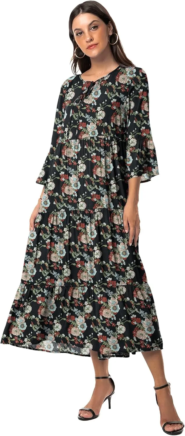 VIISHOW Womens 3/4 Sleeve Casual Bohemian Midi Dress