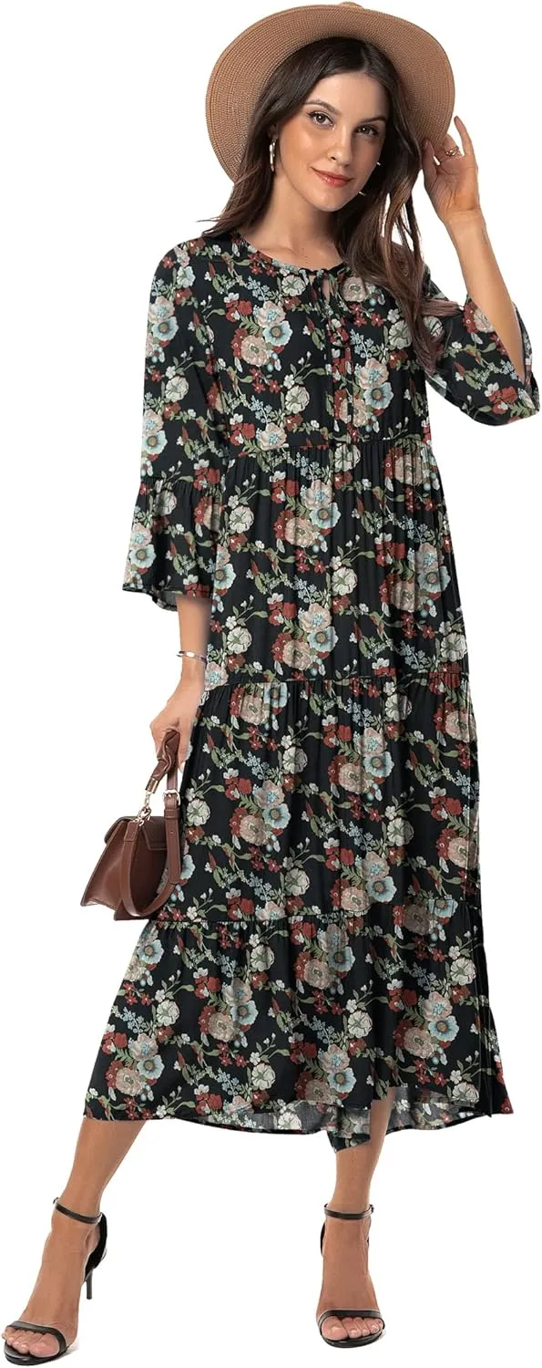 VIISHOW Womens 3/4 Sleeve Casual Bohemian Midi Dress