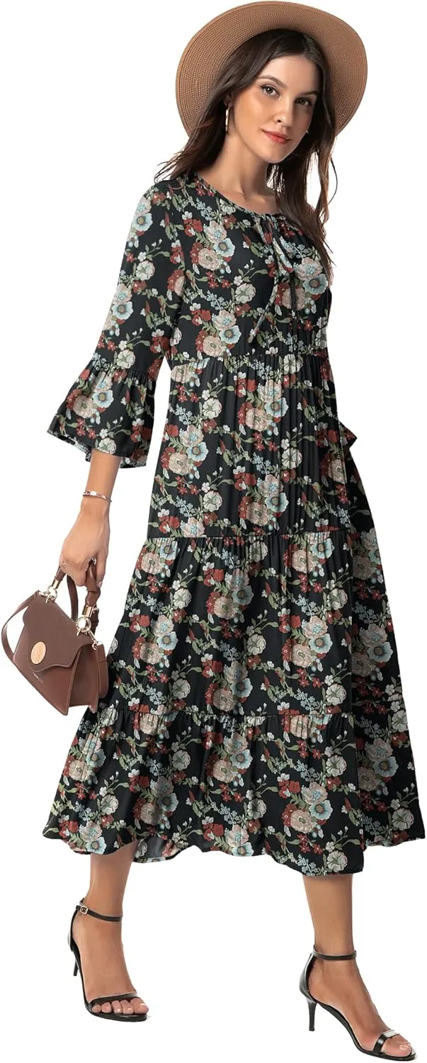 VIISHOW Womens 3/4 Sleeve Casual Bohemian Midi Dress