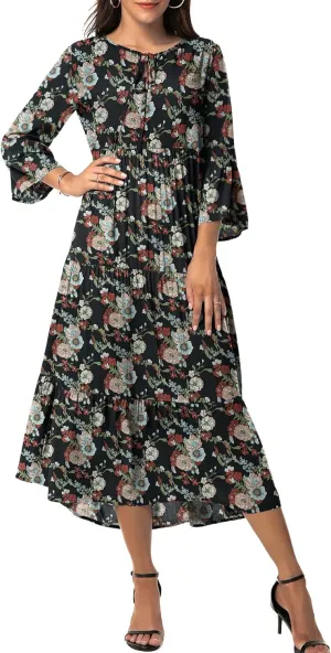 VIISHOW Womens 3/4 Sleeve Casual Bohemian Midi Dress