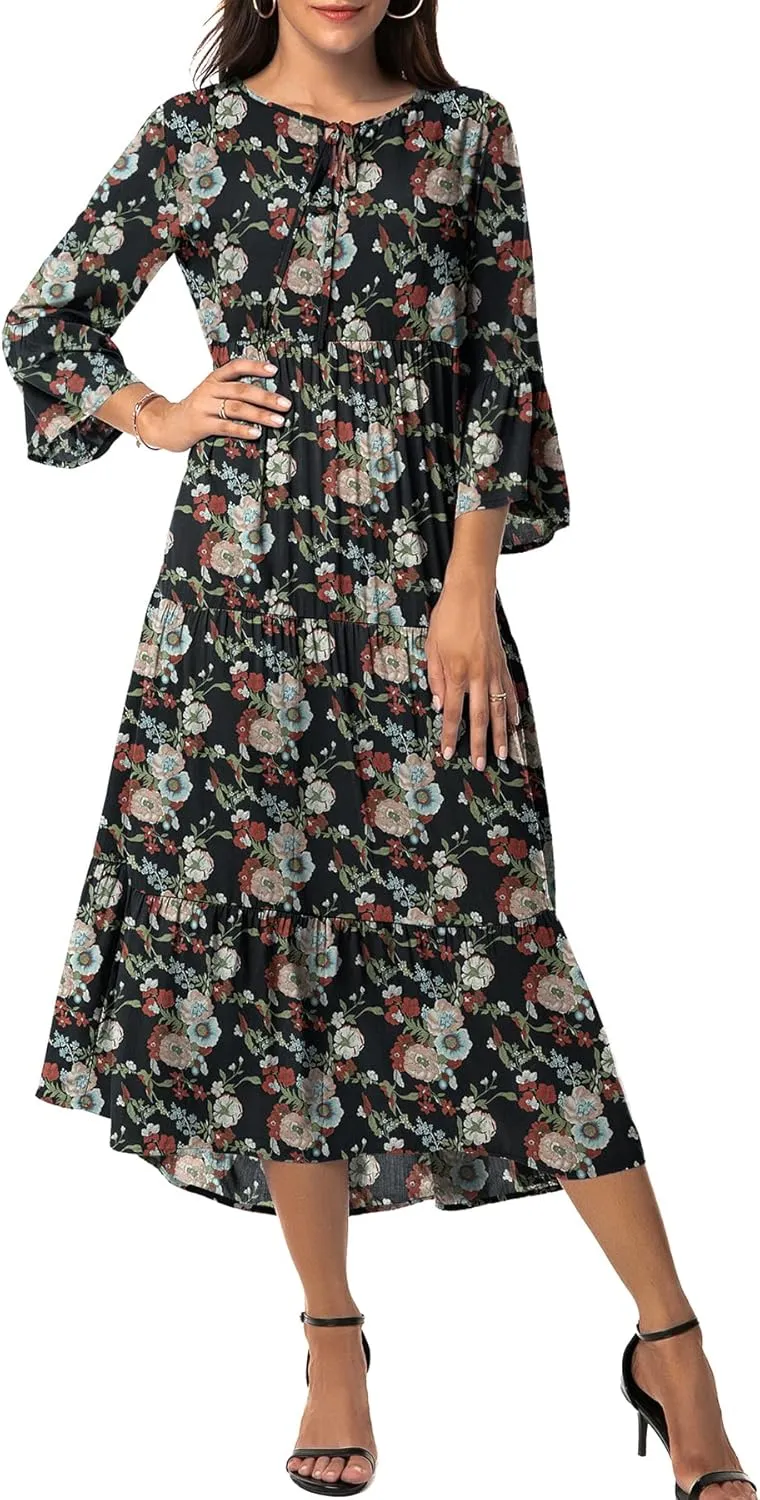 VIISHOW Womens 3/4 Sleeve Casual Bohemian Midi Dress