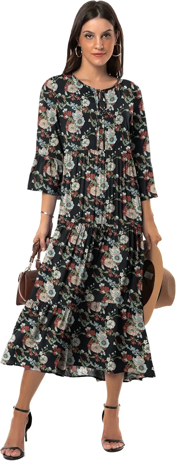 VIISHOW Womens 3/4 Sleeve Casual Bohemian Midi Dress