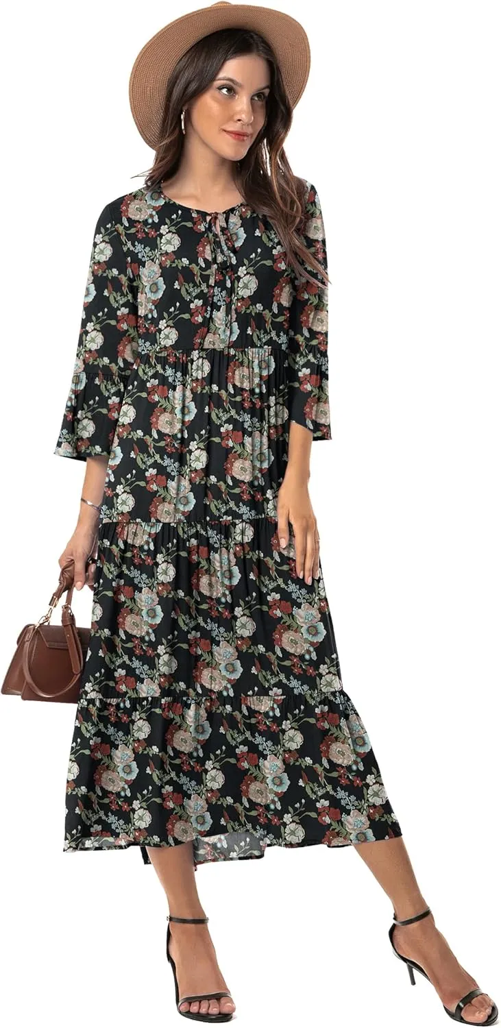 VIISHOW Womens 3/4 Sleeve Casual Bohemian Midi Dress