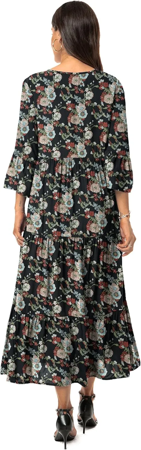 VIISHOW Womens 3/4 Sleeve Casual Bohemian Midi Dress