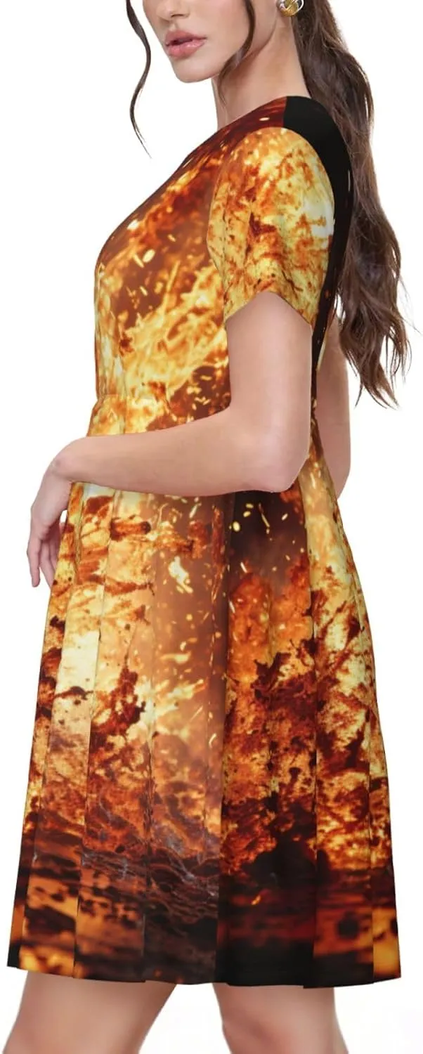 Volcano 1 Print Women's Summer Short T Shirt Dress Cap Sleeve Crew Neck Casual Loose Basic Midi Dresses
