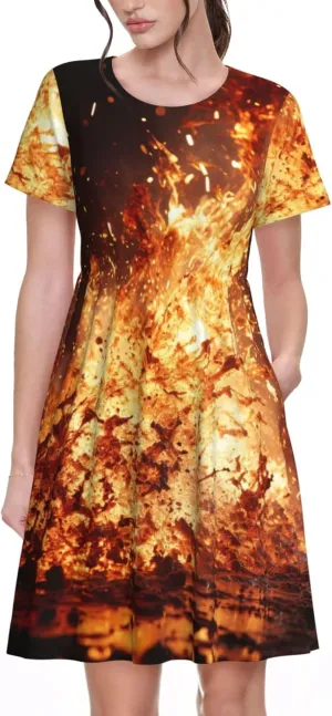 Volcano 1 Print Women's Summer Short T Shirt Dress Cap Sleeve Crew Neck Casual Loose Basic Midi Dresses