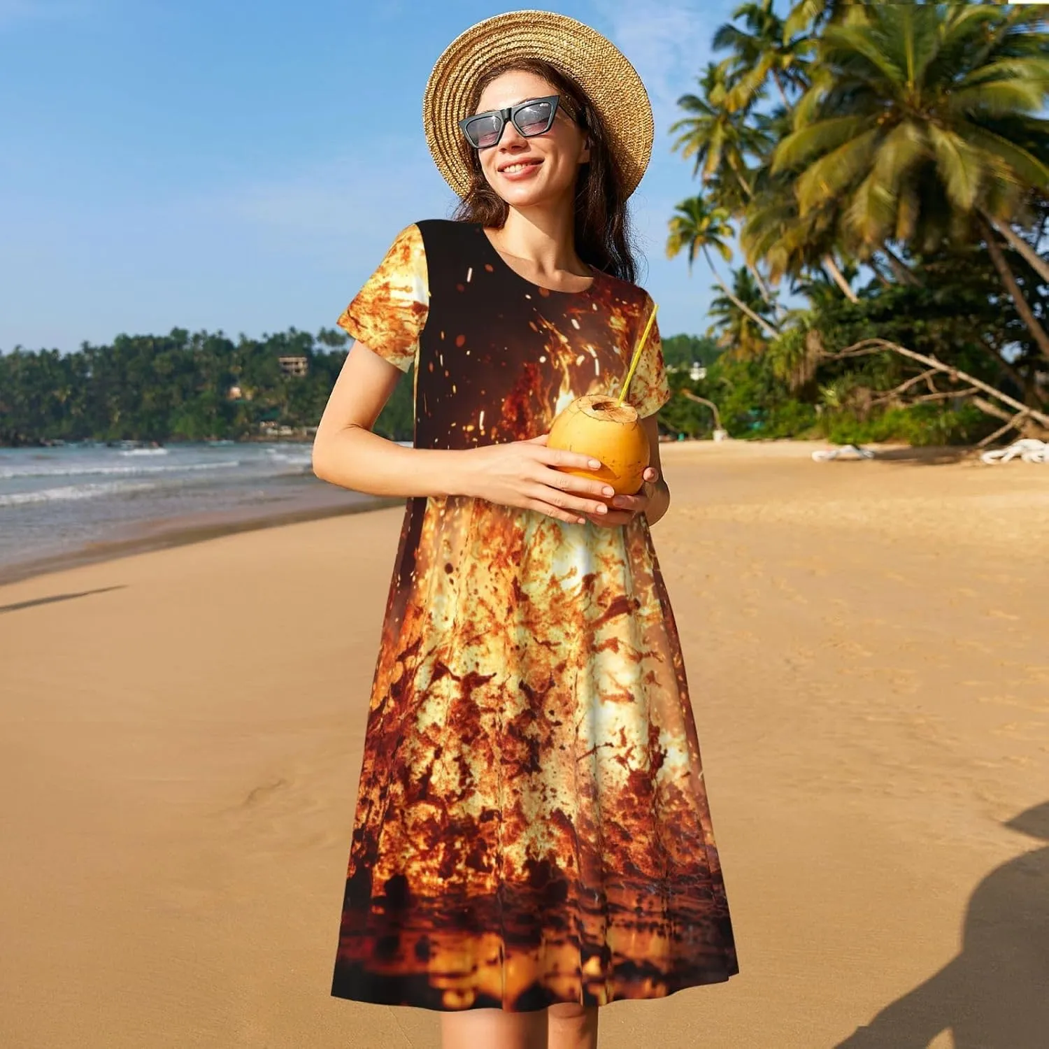 Volcano 1 Print Women's Summer Short T Shirt Dress Cap Sleeve Crew Neck Casual Loose Basic Midi Dresses