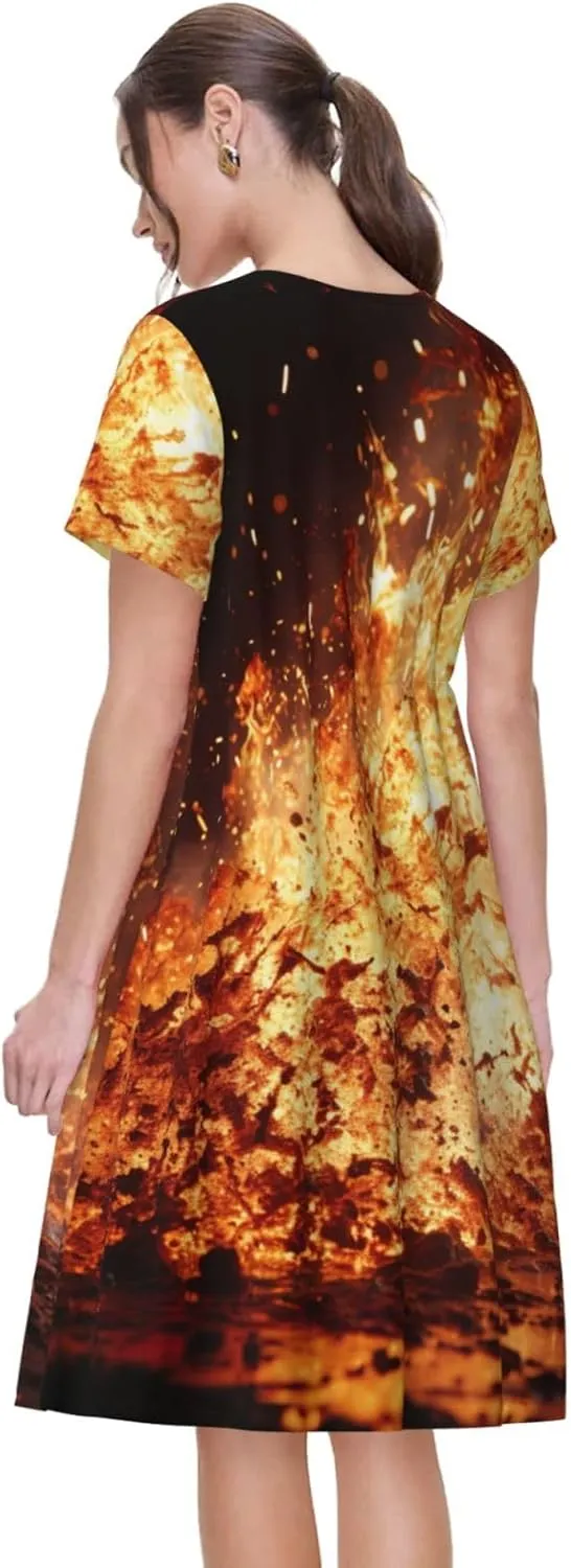Volcano 1 Print Women's Summer Short T Shirt Dress Cap Sleeve Crew Neck Casual Loose Basic Midi Dresses