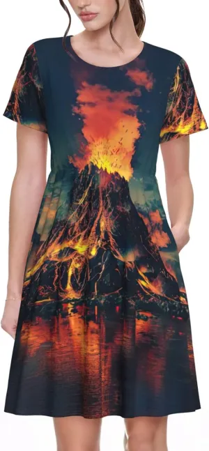 Volcano Print Women's Summer Short T Shirt Dress Cap Sleeve Crew Neck Casual Loose Basic Midi Dresses