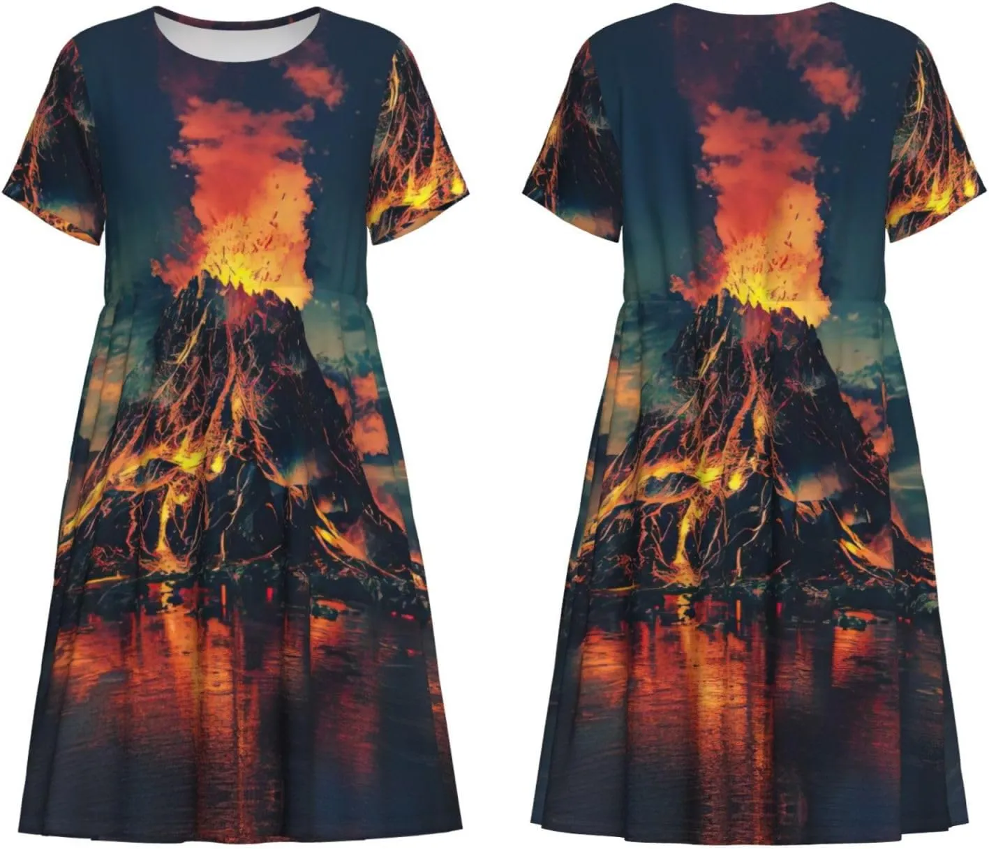 Volcano Print Women's Summer Short T Shirt Dress Cap Sleeve Crew Neck Casual Loose Basic Midi Dresses
