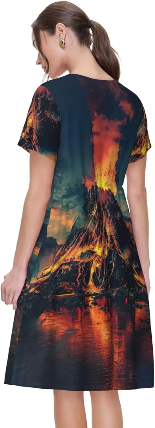 Volcano Print Women's Summer Short T Shirt Dress Cap Sleeve Crew Neck Casual Loose Basic Midi Dresses