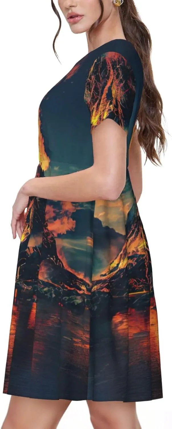 Volcano Print Women's Summer Short T Shirt Dress Cap Sleeve Crew Neck Casual Loose Basic Midi Dresses