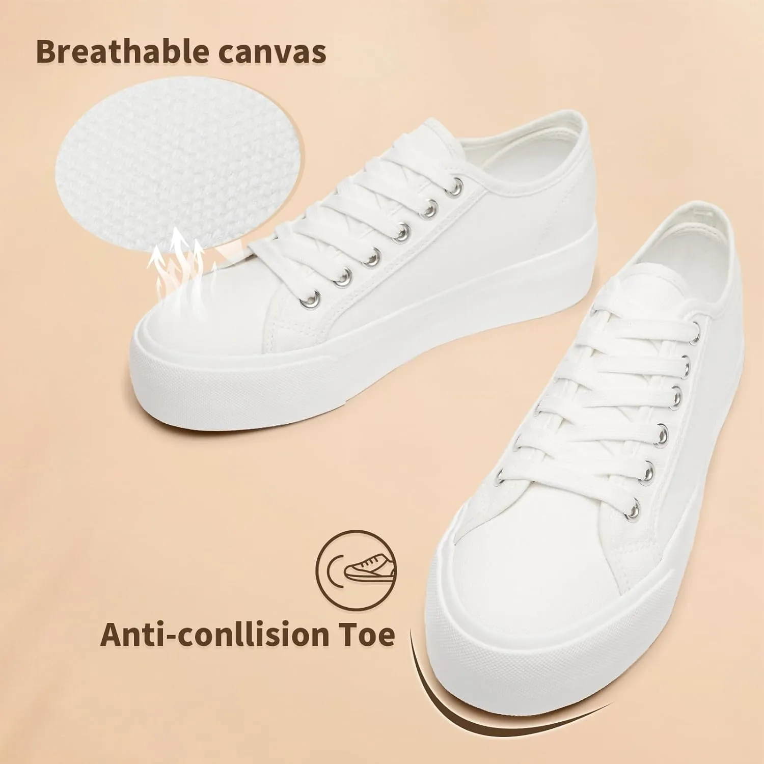 Waluzs Platform Sneakers for Women Low Top Platform Shoes Lace Up Womens Canvas Shoes Breathable White Tennis Shoes