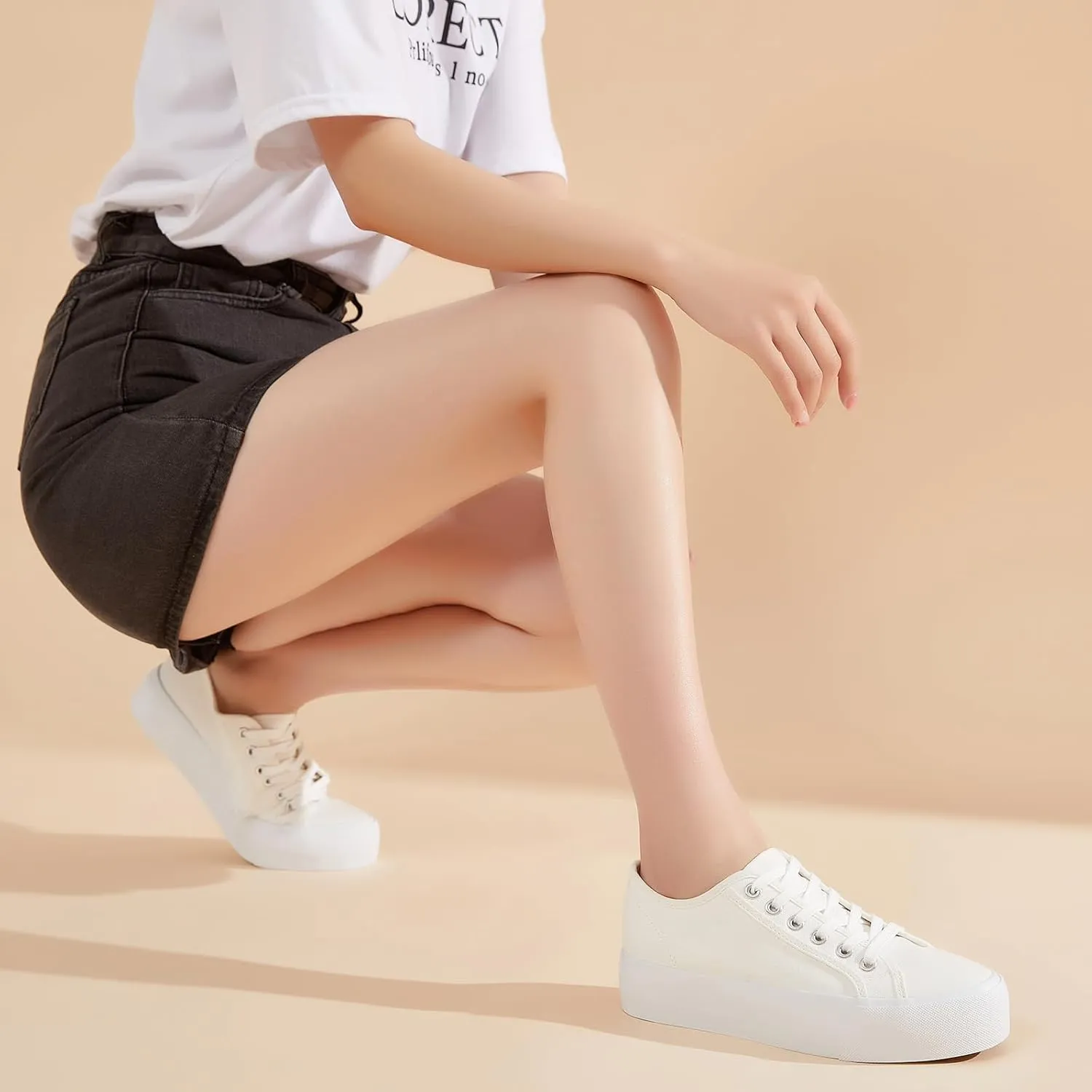 Waluzs Platform Sneakers for Women Low Top Platform Shoes Lace Up Womens Canvas Shoes Breathable White Tennis Shoes
